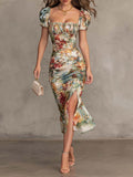 Carmen - Retro And Elegant Floral Ruched Square-Neck Midi Dress