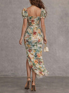 Carmen - Retro And Elegant Floral Ruched Square-Neck Midi Dress