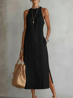 Jimena | Midi Linen Dress with Mandarin Collar