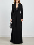 Kara - Long Sleeve Skinny Solid Color Deep V-Neck Maxi Dress
