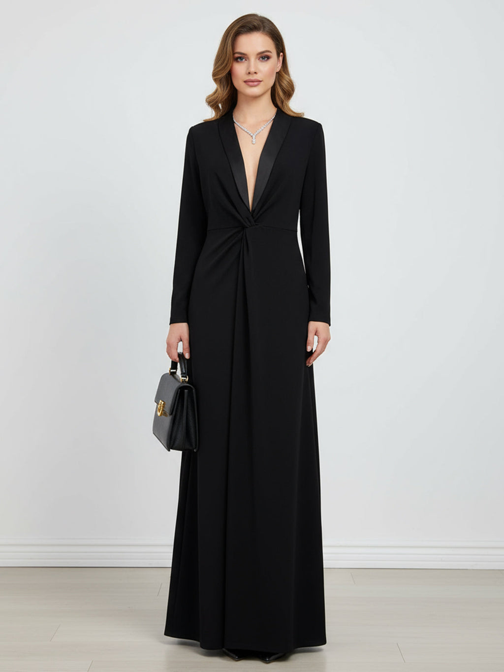 Kara - Long Sleeve Skinny Solid Color Deep V-Neck Maxi Dress