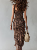 Lenna - Retro Leopard Print Fungus Trim Hem Slit Midi Dress