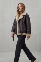 Women's Aviator Coat with Belted Shearling Trim – Aveline