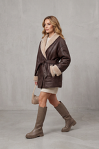 Women's Belted Faux Leather Coat with Contrast Fleece Wrap – Marguerite