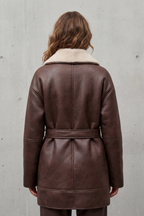 Women's Belted Faux Leather Coat with Contrast Fleece Wrap – Marguerite
