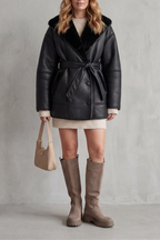 Women's Belted Faux Leather Coat with Contrast Fleece Wrap – Marguerite
