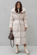 Women's Belted Long Puffer Coat with Silhouette Design – Ines
