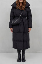 Women's Belted Long Puffer Coat with Silhouette Design – Ines