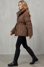 Women's Belted Puffer Coat with Oversized Collar – Tamsin