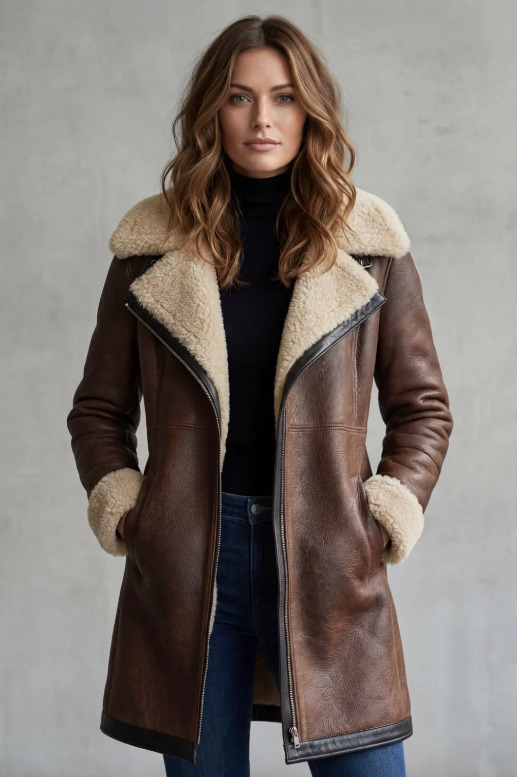 Women's Elegant Leather Coat with Shearling Lining – Amara