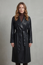 Women's Faux Leather Trench Coat with Waist-Cinching Design – Helena