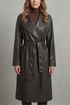 Women's Faux Leather Trench Coat with Waist-Cinching Design – Helena