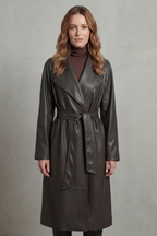 Women's Faux Leather Trench Coat with Waist-Cinching Design – Helena